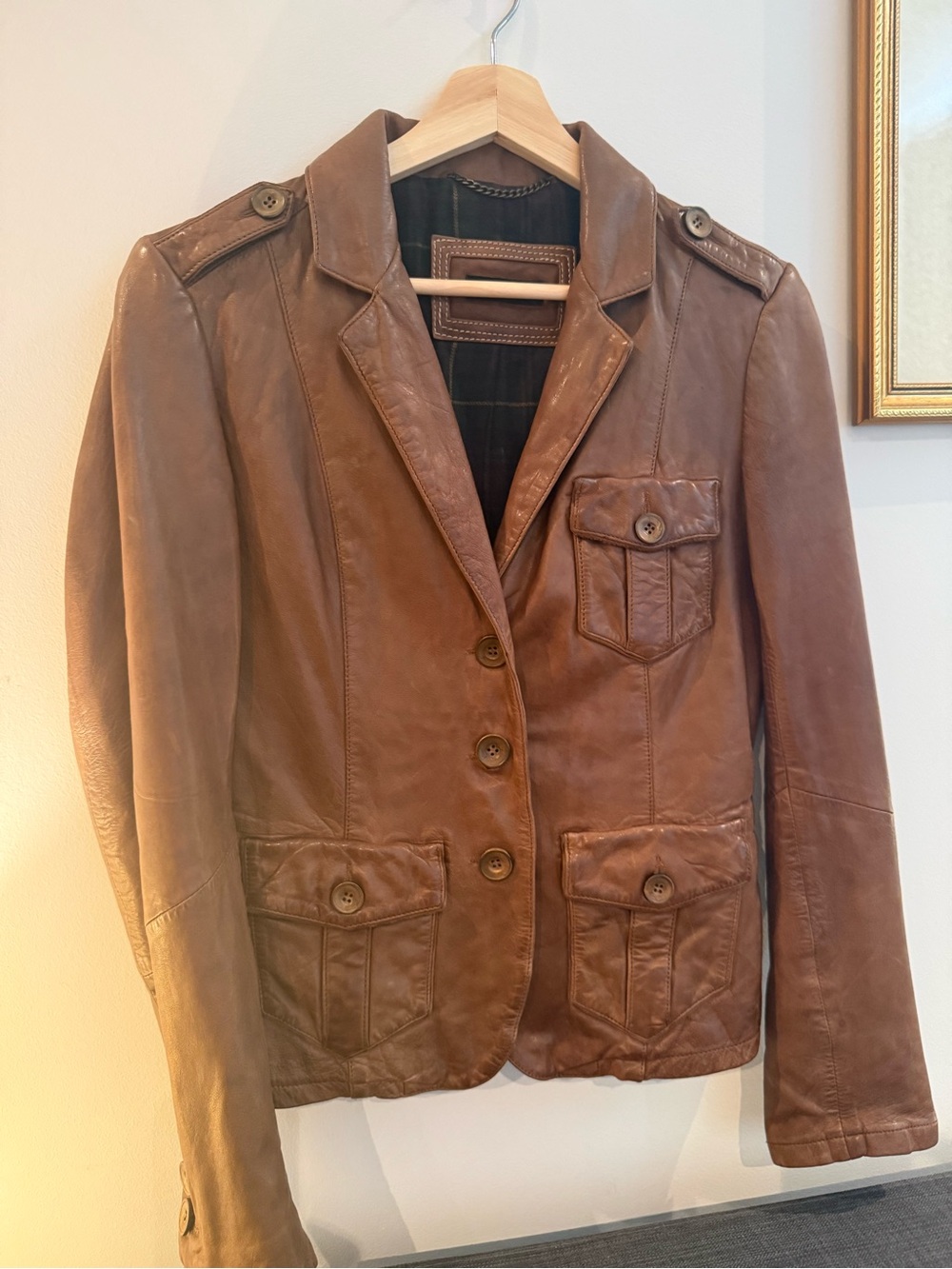 Massimo Dutti Women's Brown Leather Blazer Jacket (34)